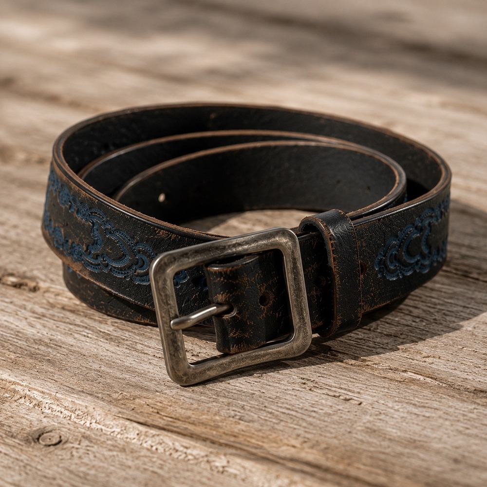 Leather Island Bill Lavin Belt Mens 36 Black Blue‎ Embroidered Leather 3-LI8694